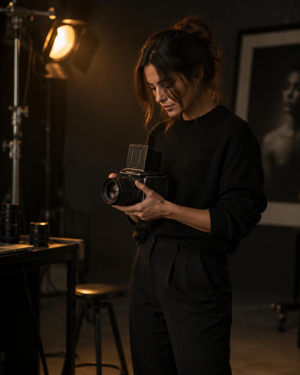 Photographer reviewing frames in a dark studio